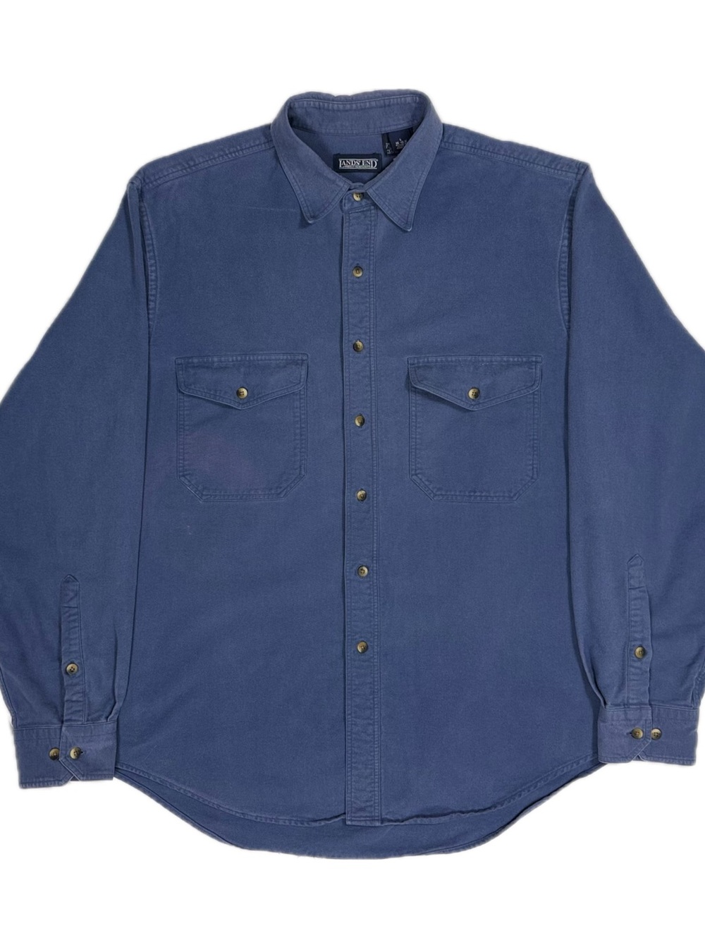Vtg Lands End 100% Cotton Blue Chamois Cloth Button Up Flannel Shirt Men Large